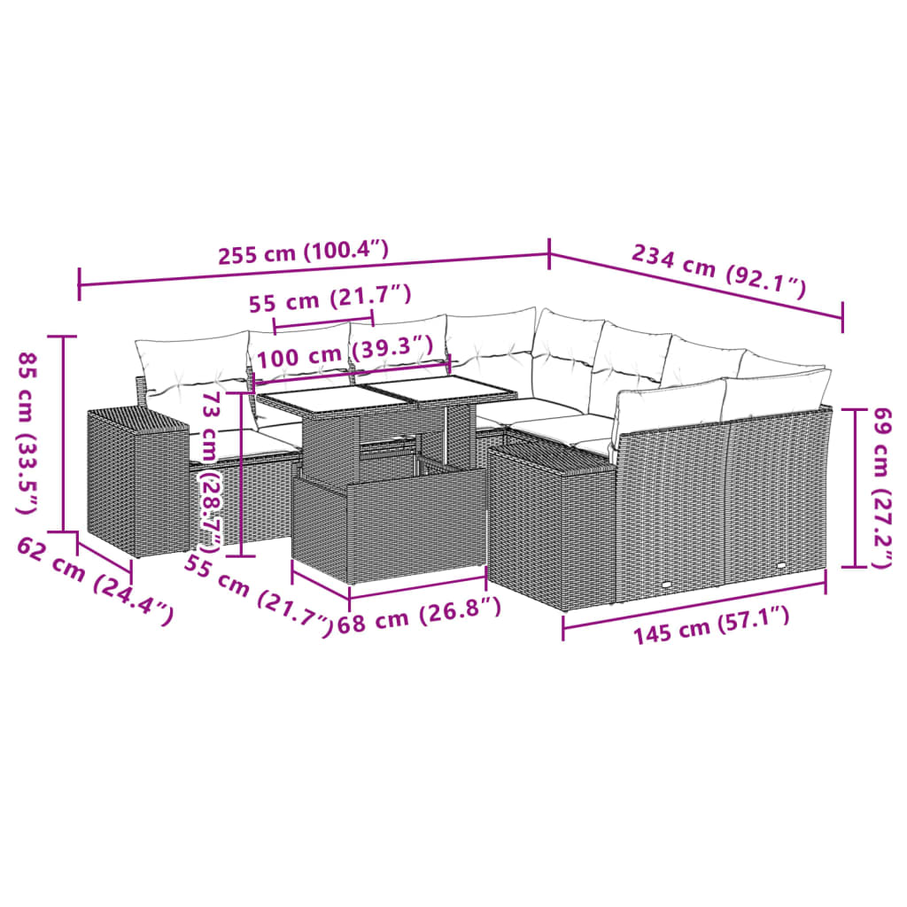 vidaXL Set muebles jardín 9 pzas y cojines ratán sintético gris claro