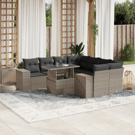 vidaXL Set muebles jardín 9 pzas y cojines ratán sintético gris claro