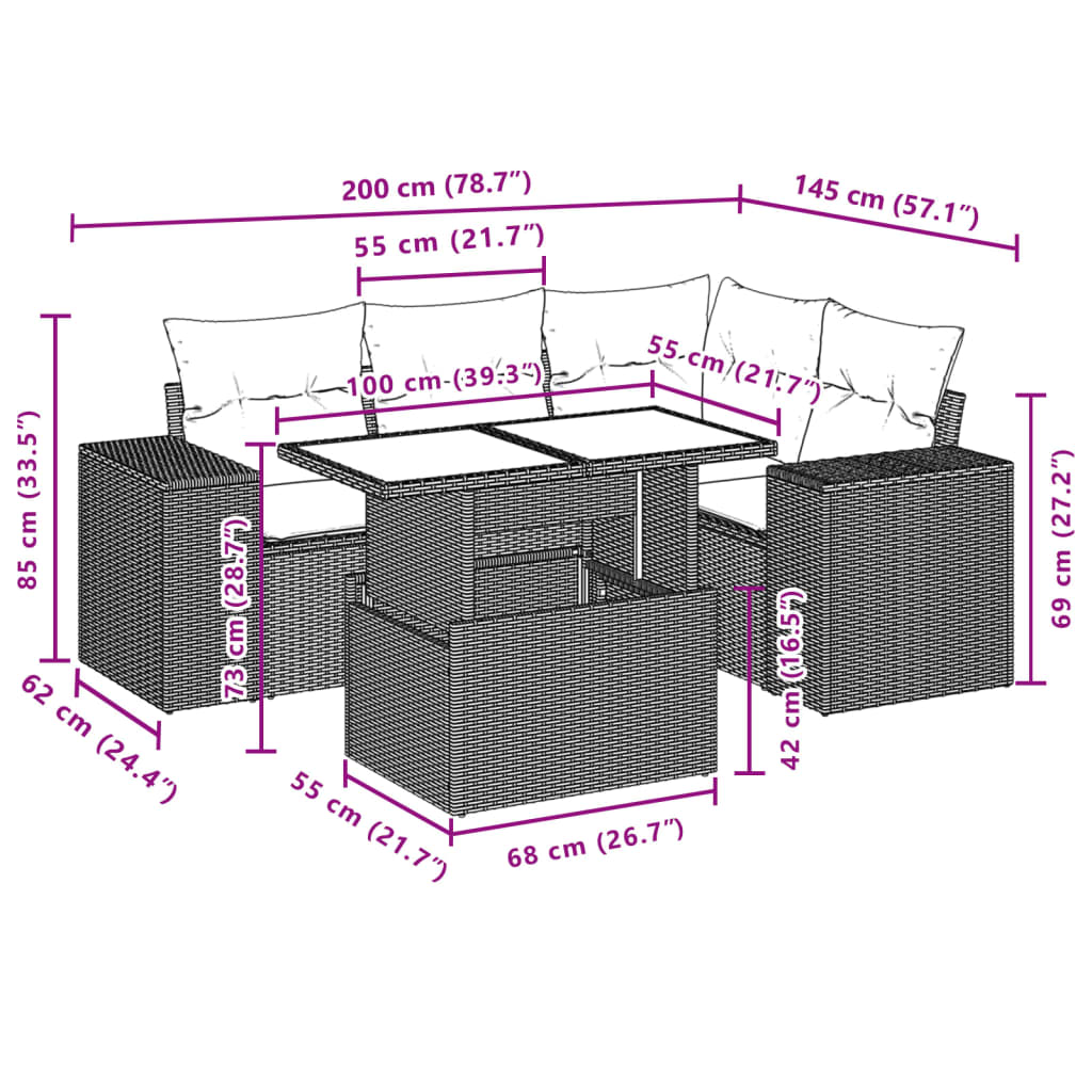 vidaXL Set de muebles de jardín 5 pzas y cojines ratán sintético negro