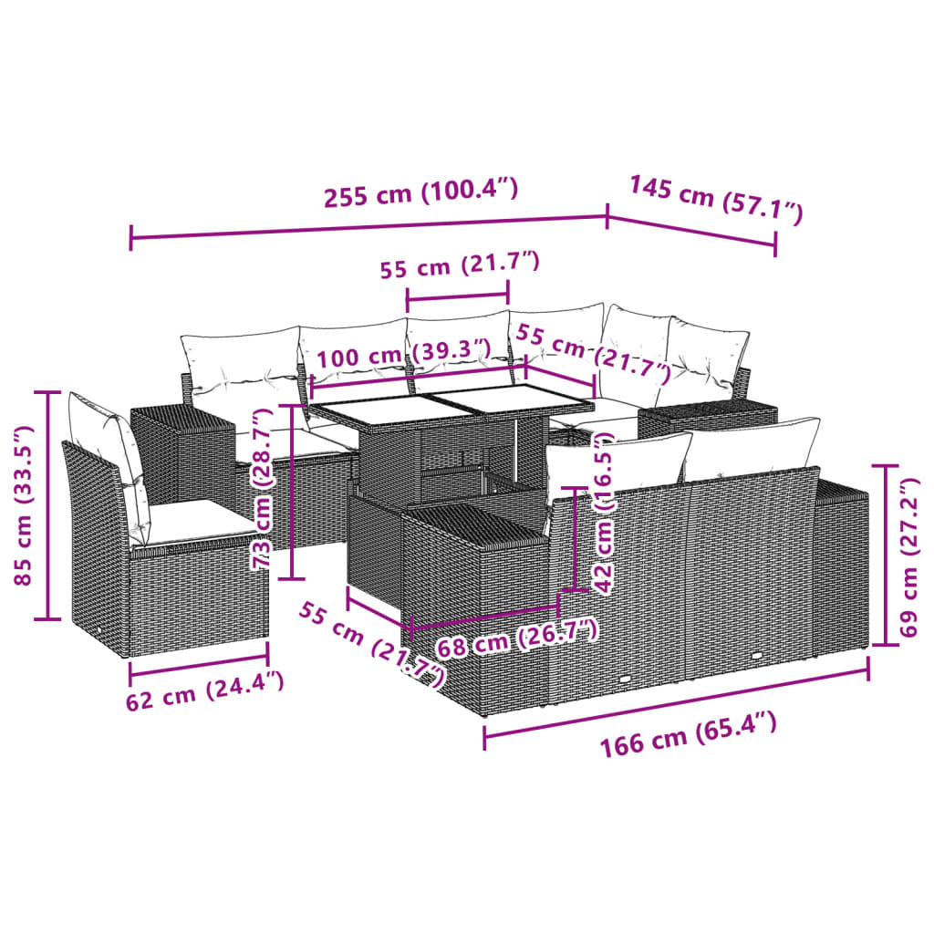 vidaXL Set de sofás de jardín 9 pzas y cojines ratán sintético marrón