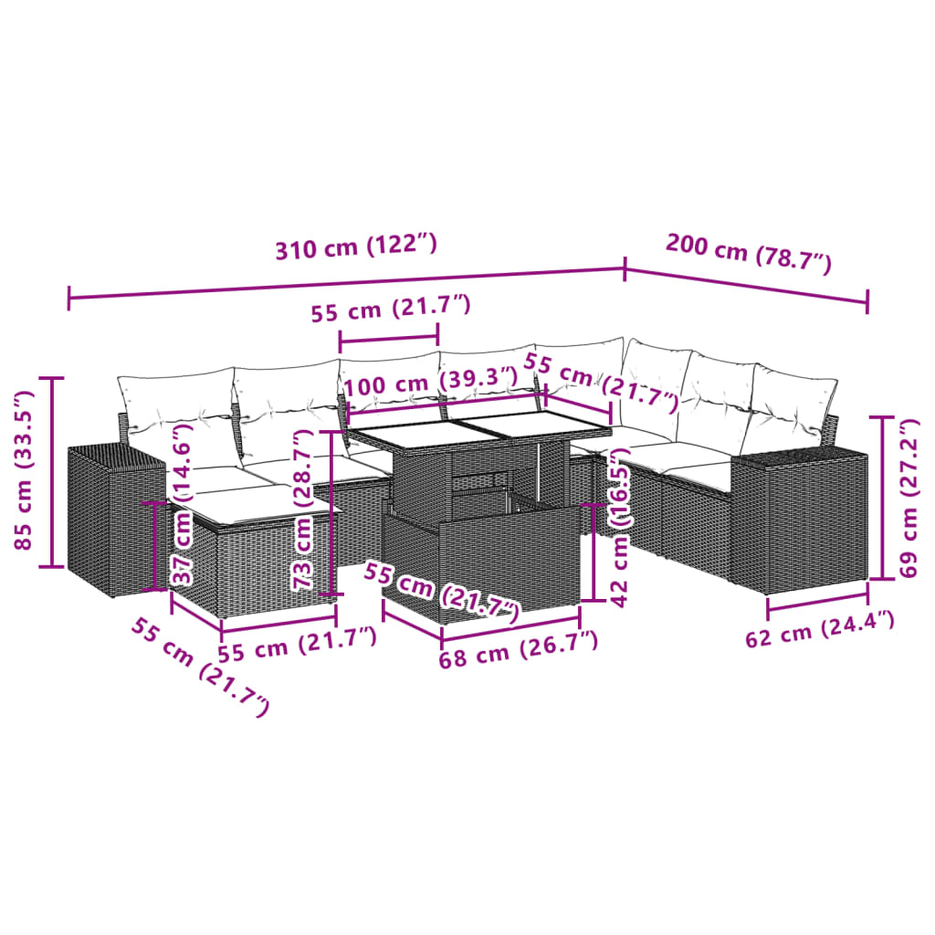 vidaXL Set muebles jardín 9 pzas y cojines ratán sintético gris claro