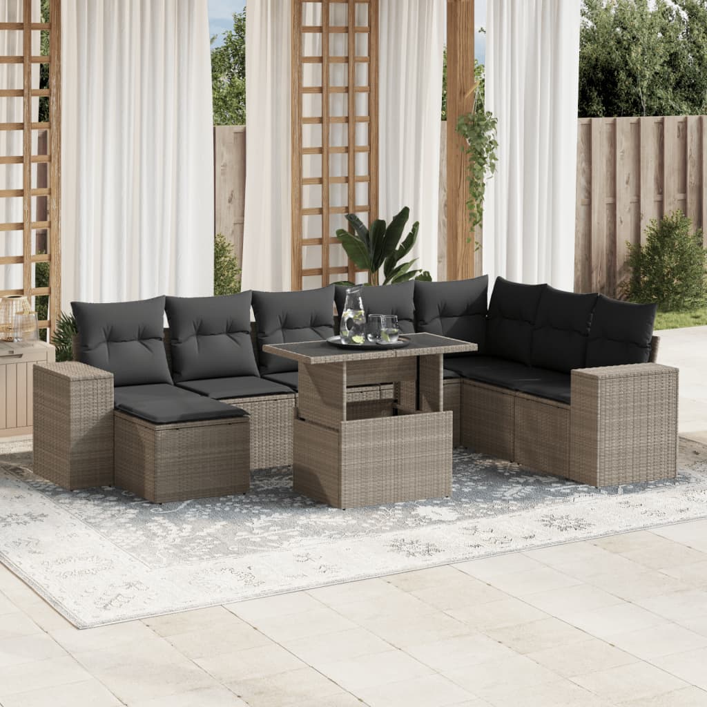 vidaXL Set muebles jardín 9 pzas y cojines ratán sintético gris claro