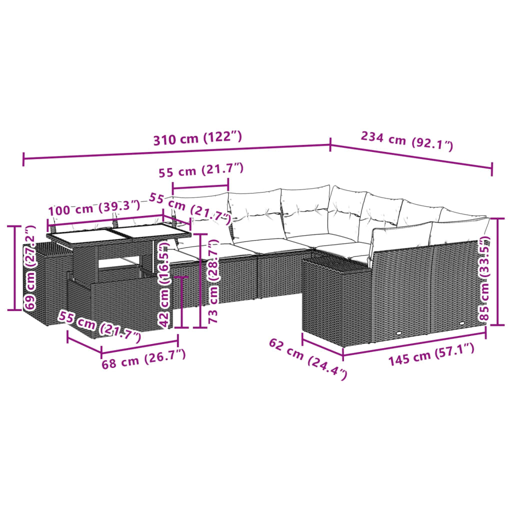 vidaXL Set de sofás de jardín 10 pzas cojines ratán sintético negro