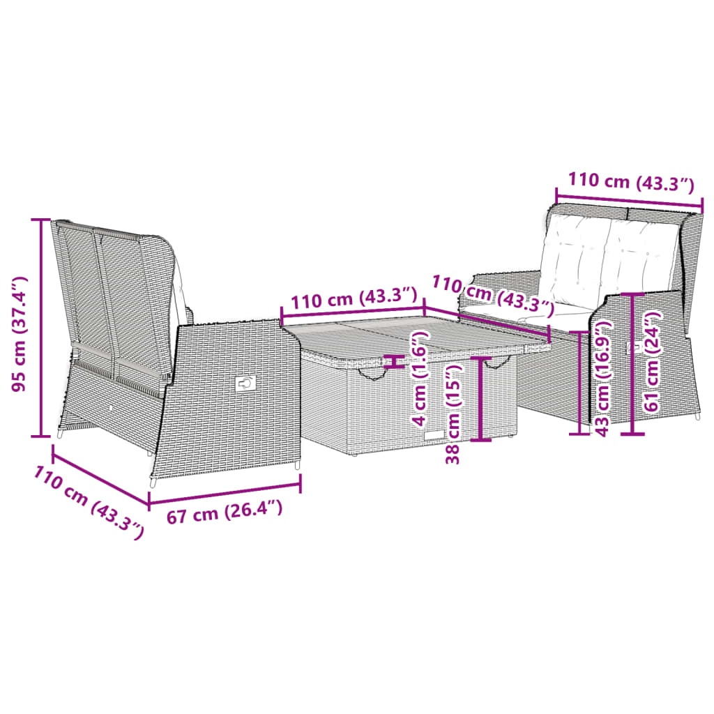 vidaXL Set muebles de jardín 3 piezas y cojines ratán sintético beige