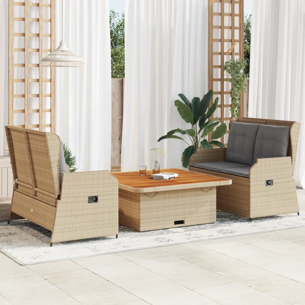 vidaXL Set muebles de jardín 3 piezas y cojines ratán sintético beige