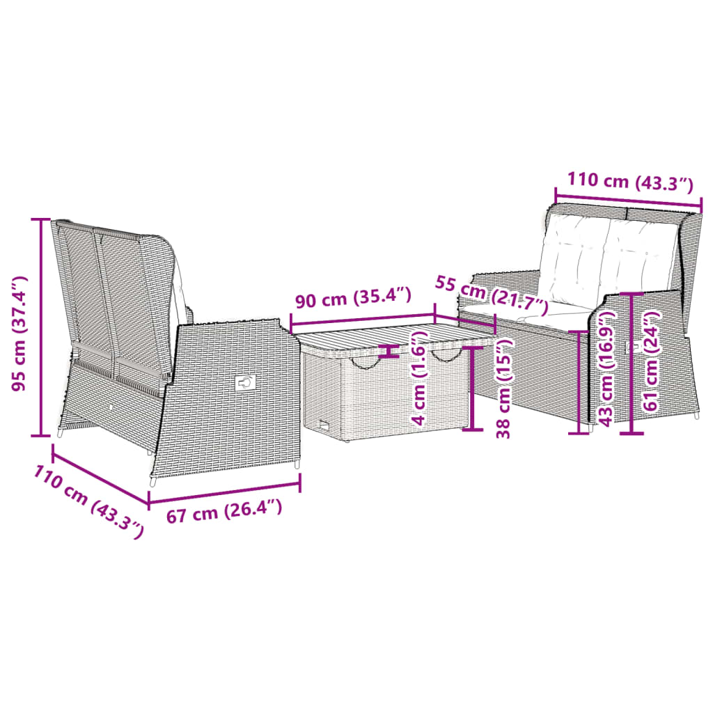 vidaXL Set muebles de jardín 3 piezas y cojines ratán sintético beige