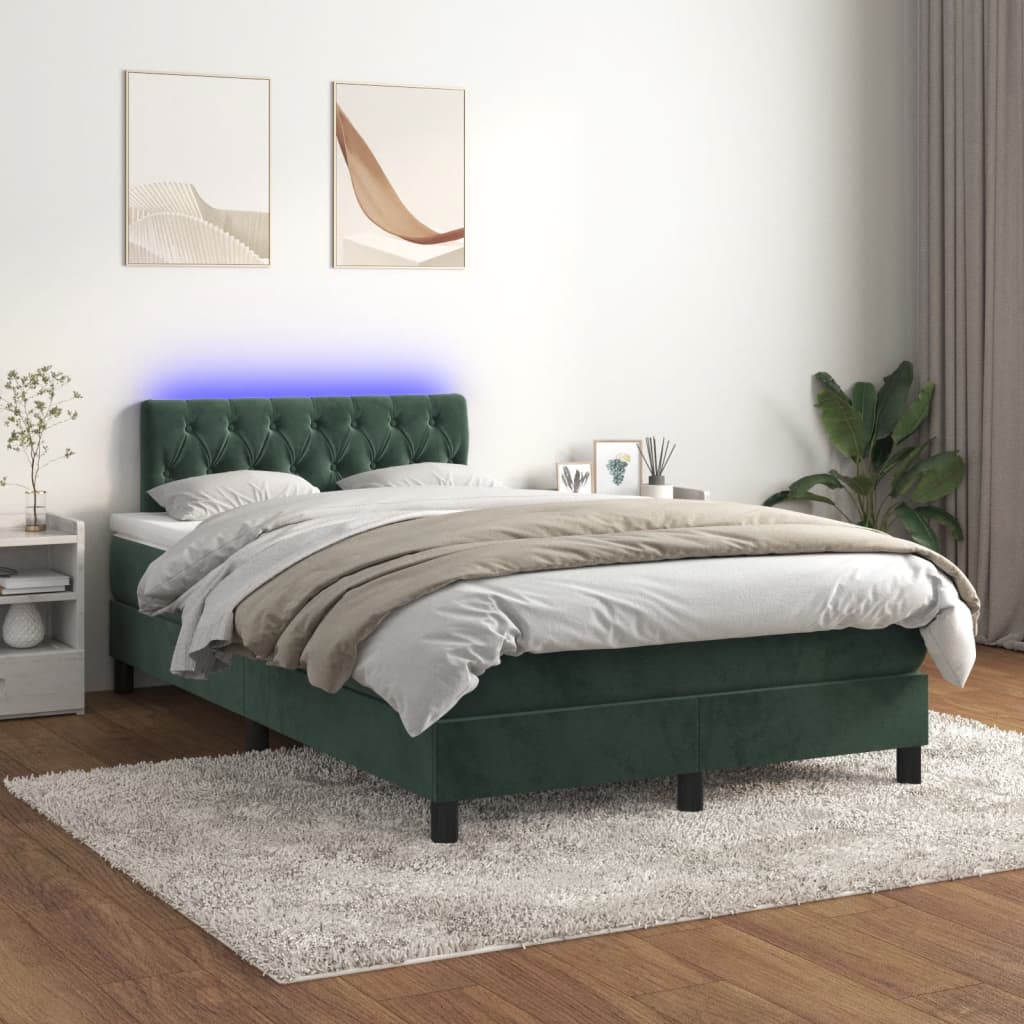 vidaXL Cama box spring colchón y LED terciopelo verde oscuro 120x190cm