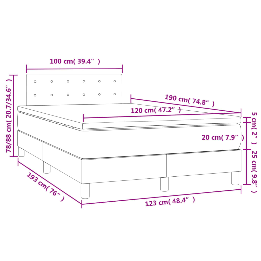 vidaXL Cama box spring colchón y LED terciopelo gris oscuro 120x190 cm