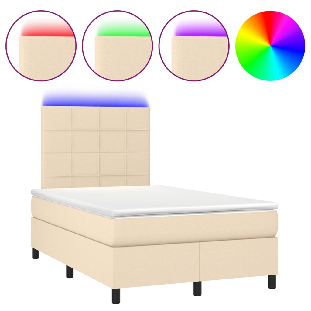 vidaXL Cama box spring con colchón y luces LED tela crema 120x190 cm