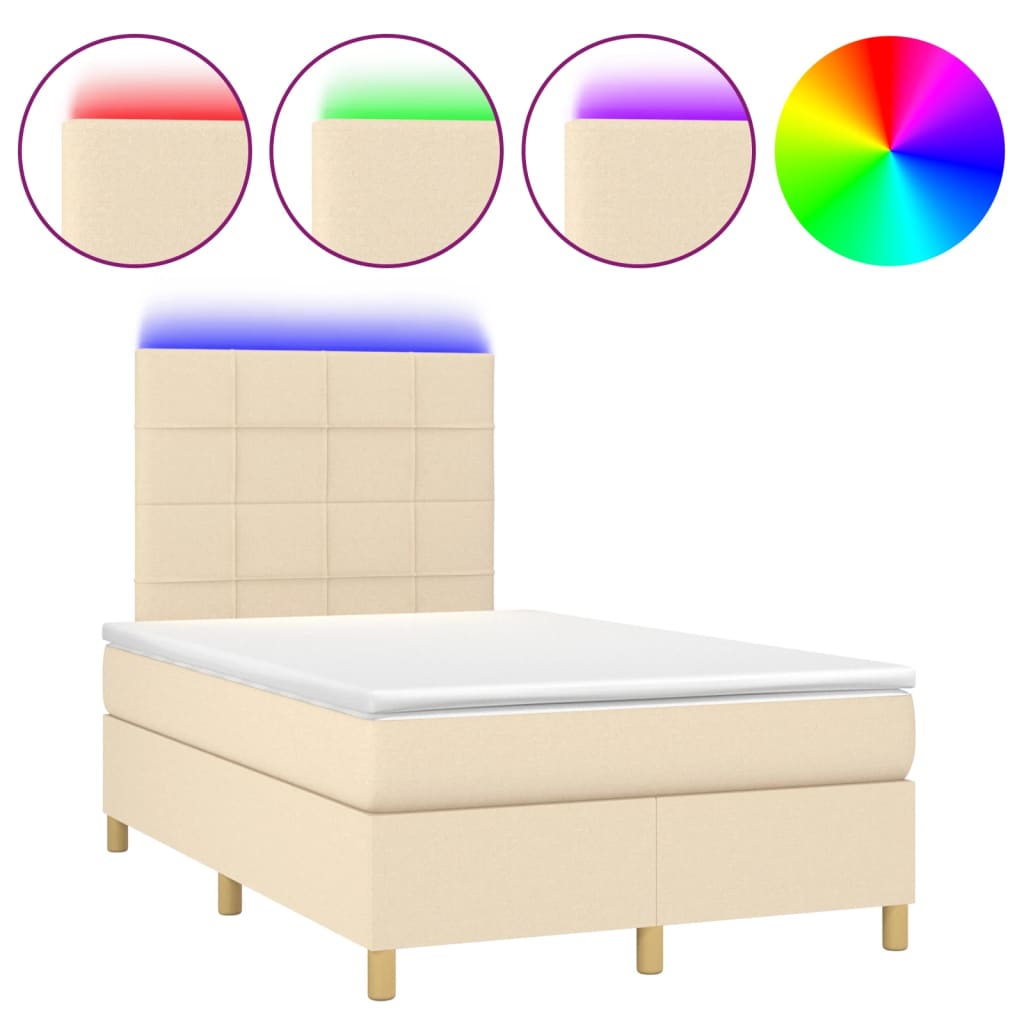 vidaXL Cama box spring con colchón y luces LED tela crema 120x190 cm