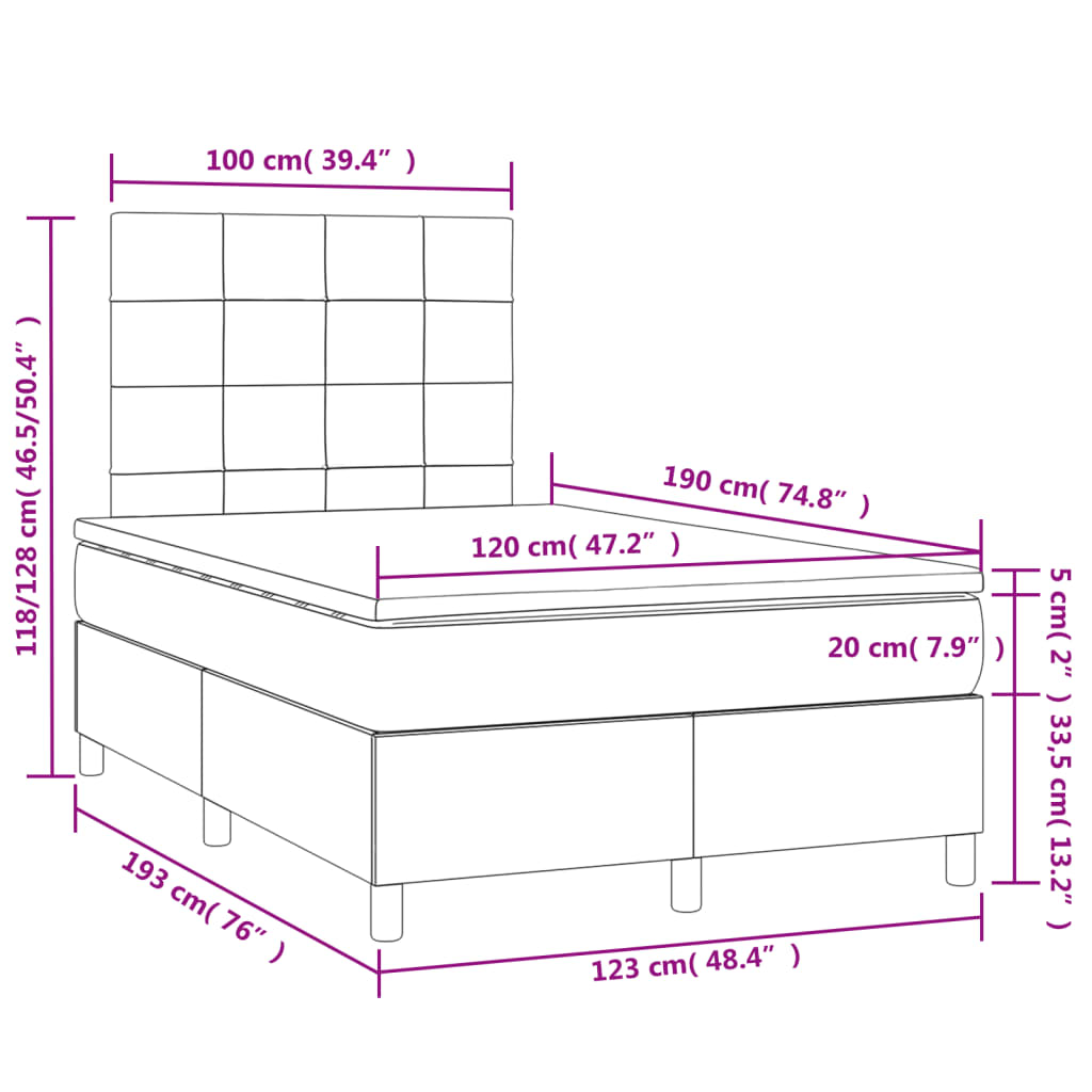 vidaXL Cama box spring con colchón y luces LED tela crema 120x190 cm