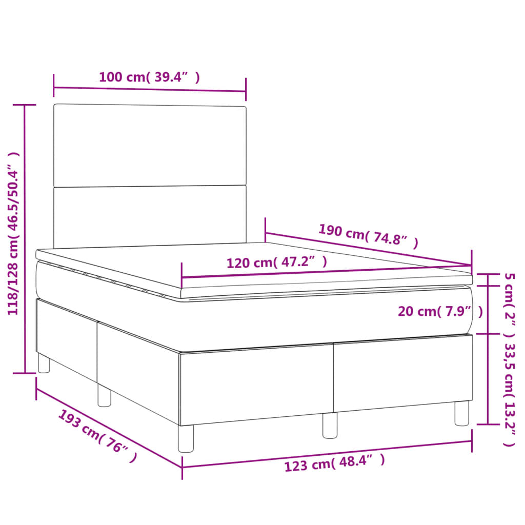 vidaXL Cama box spring colchón y LED terciopelo gris oscuro 120x190 cm