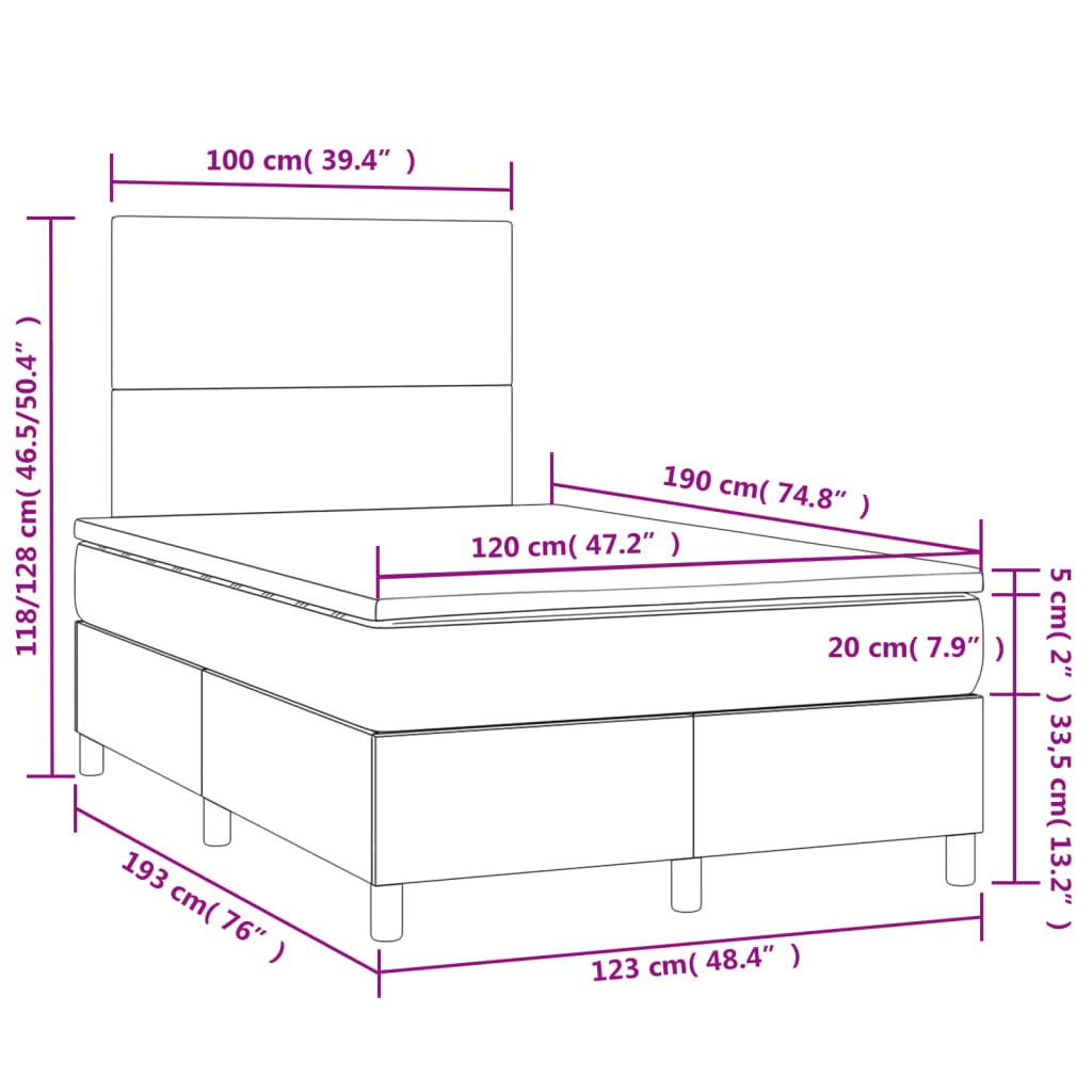 vidaXL Cama box spring con colchón y LED terciopelo negro 120x190 cm