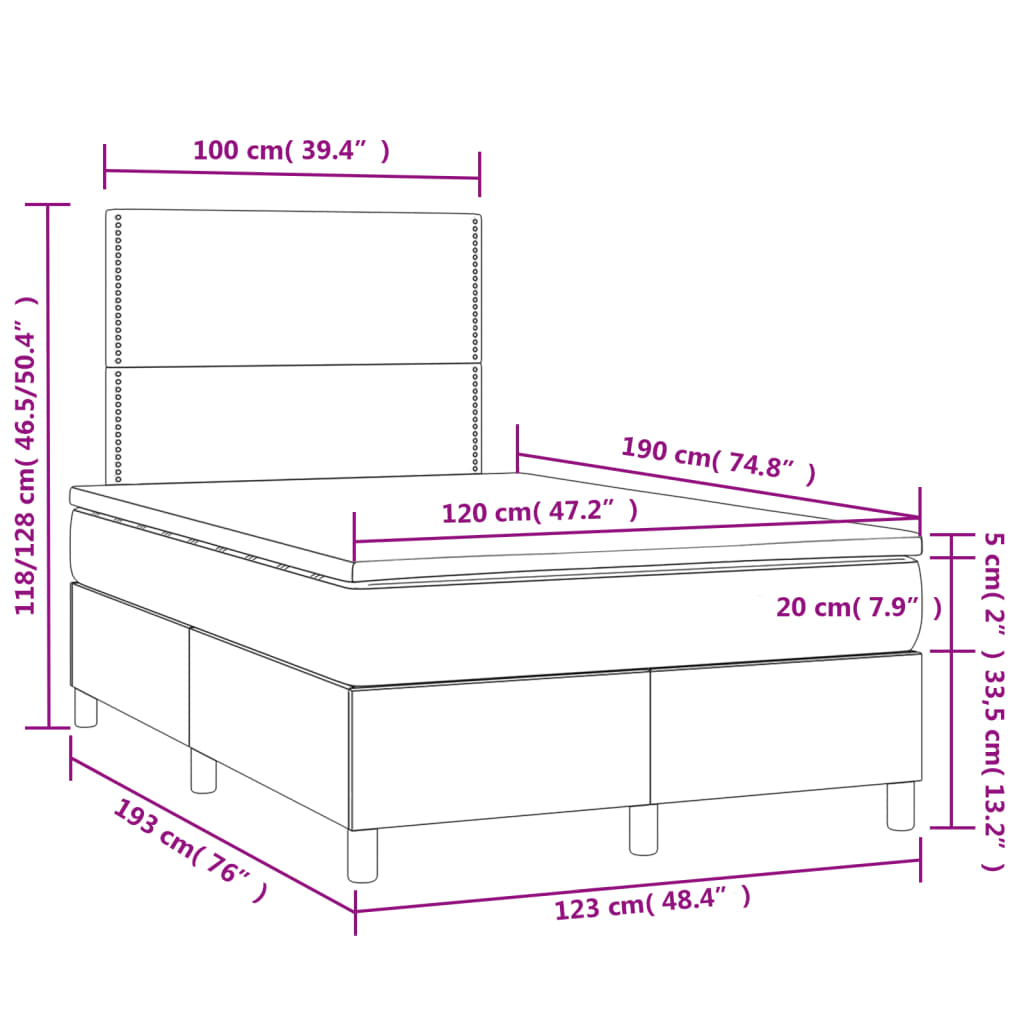 vidaXL Cama box spring colchón y LED terciopelo gris oscuro 120x190 cm