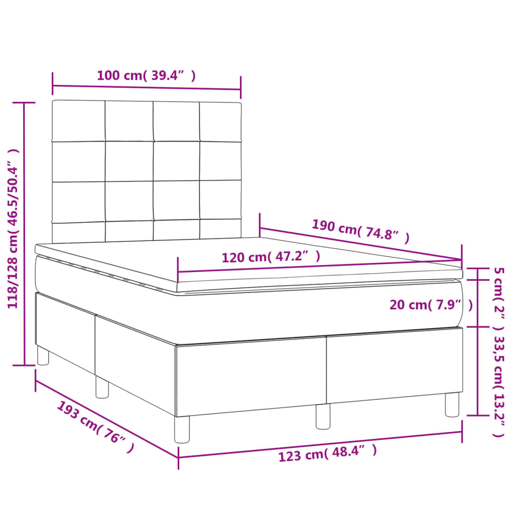 vidaXL Cama box spring con colchón y LED terciopelo rosa 120x190 cm