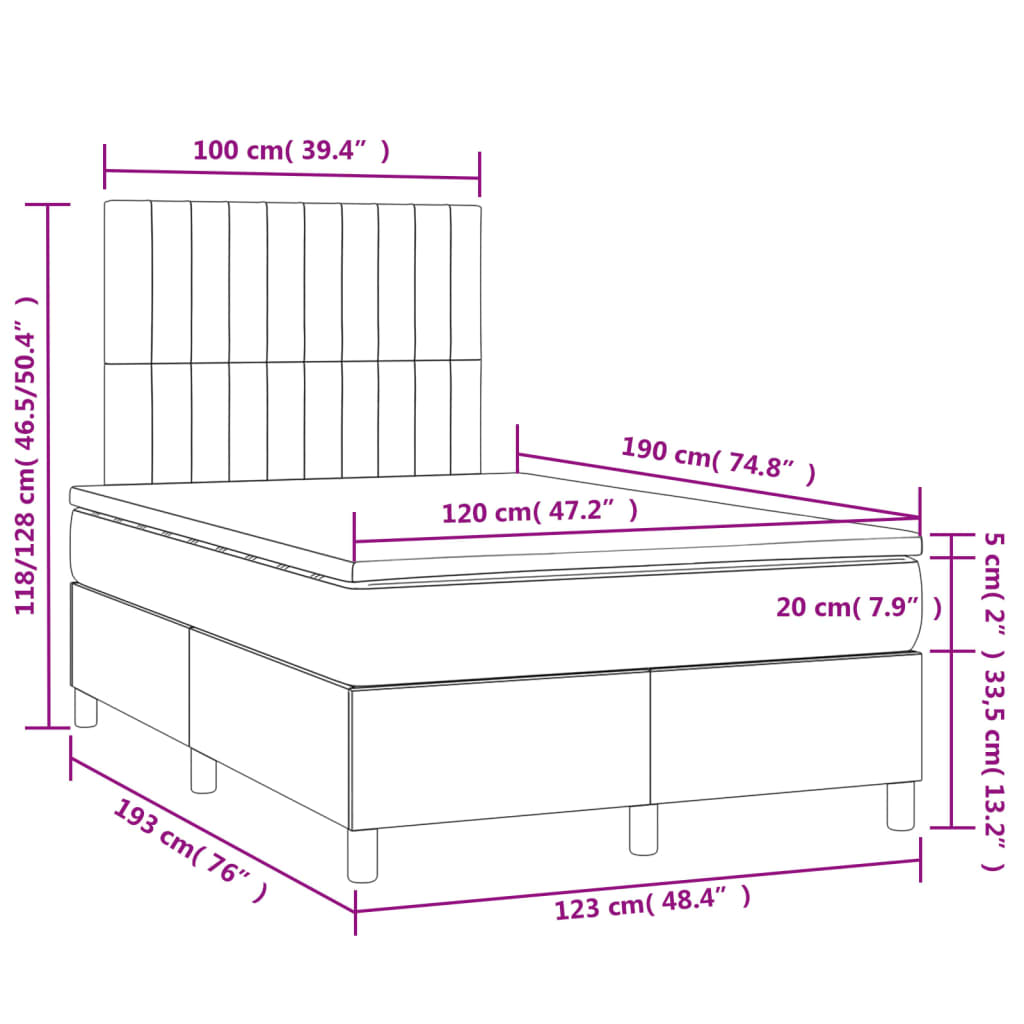 vidaXL Cama box spring colchón y LED terciopelo gris oscuro 120x190 cm