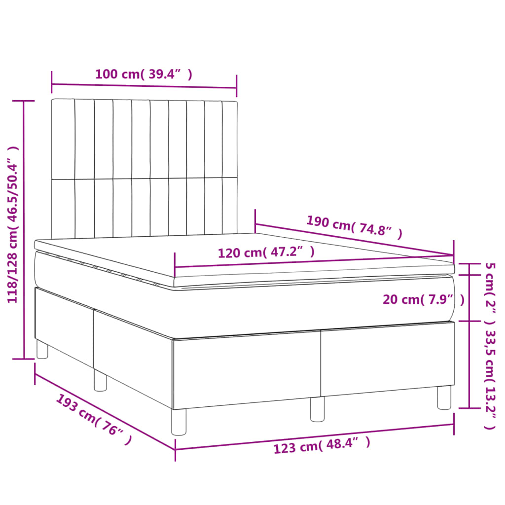 vidaXL Cama box spring con colchón y LED terciopelo negro 120x190 cm