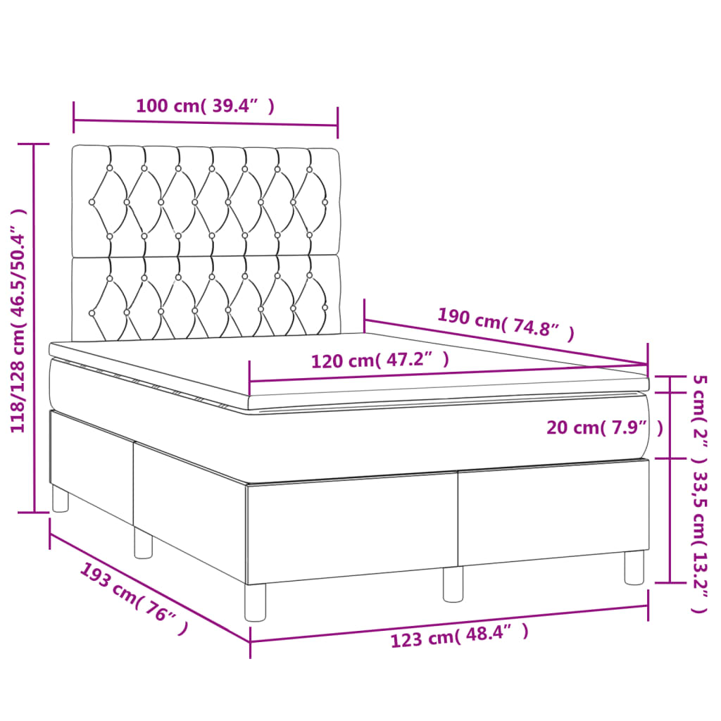 vidaXL Cama box spring con colchón y LED terciopelo negro 120x190 cm