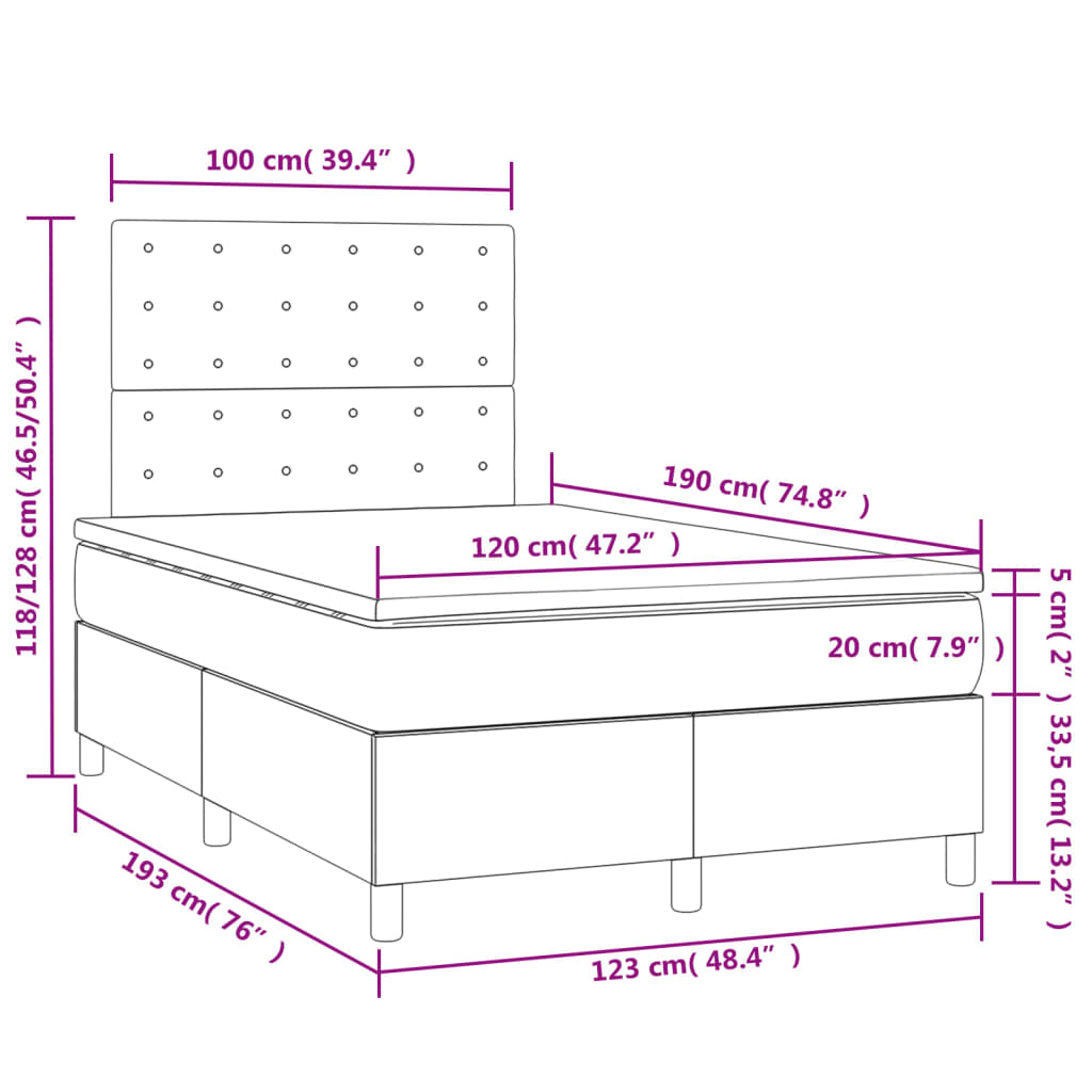 vidaXL Cama box spring colchón y LED terciopelo gris oscuro 120x190 cm