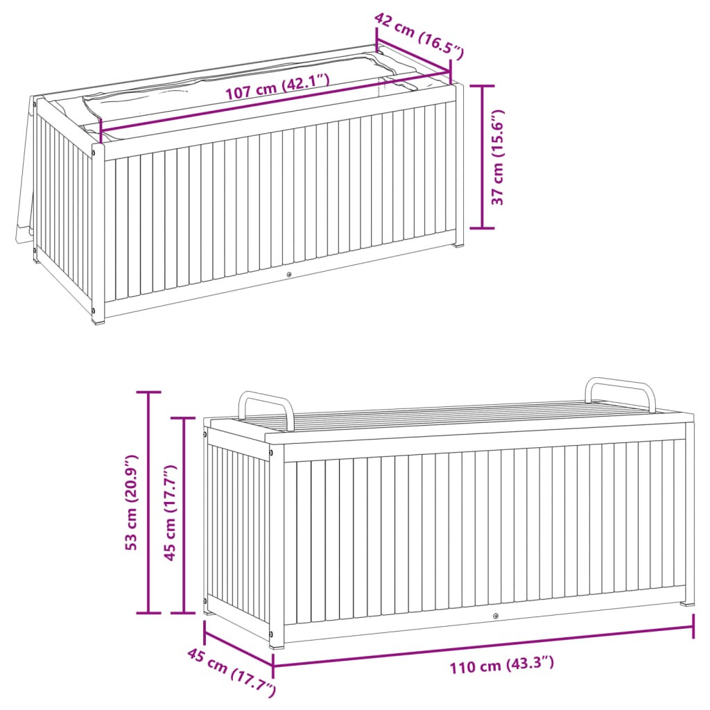 vidaXL Baúl de cojines de jardín acacia maciza y acero 110x45x42/53 cm