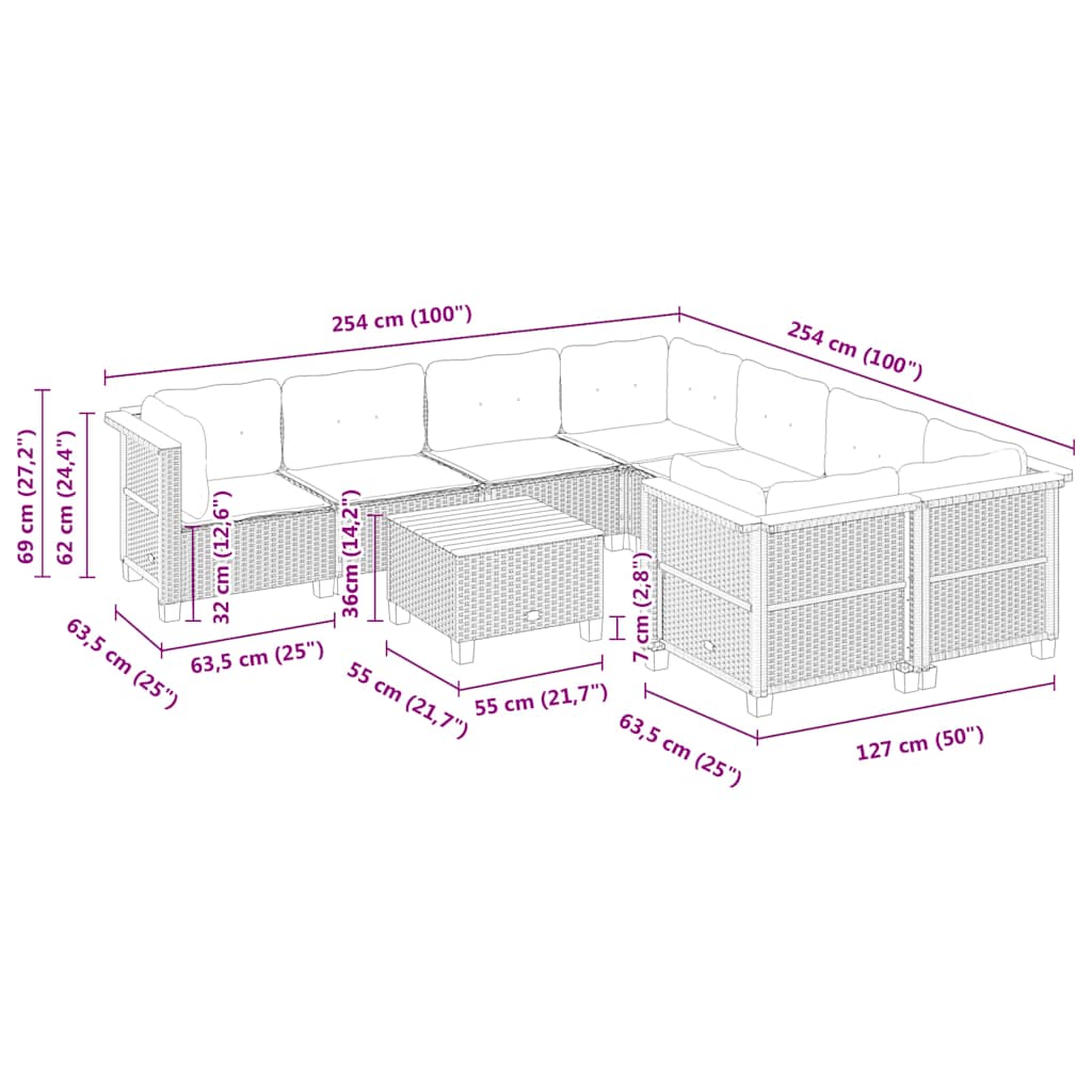 vidaXL Set de sofás de jardín con cojines 9 pzas ratán sintético beige