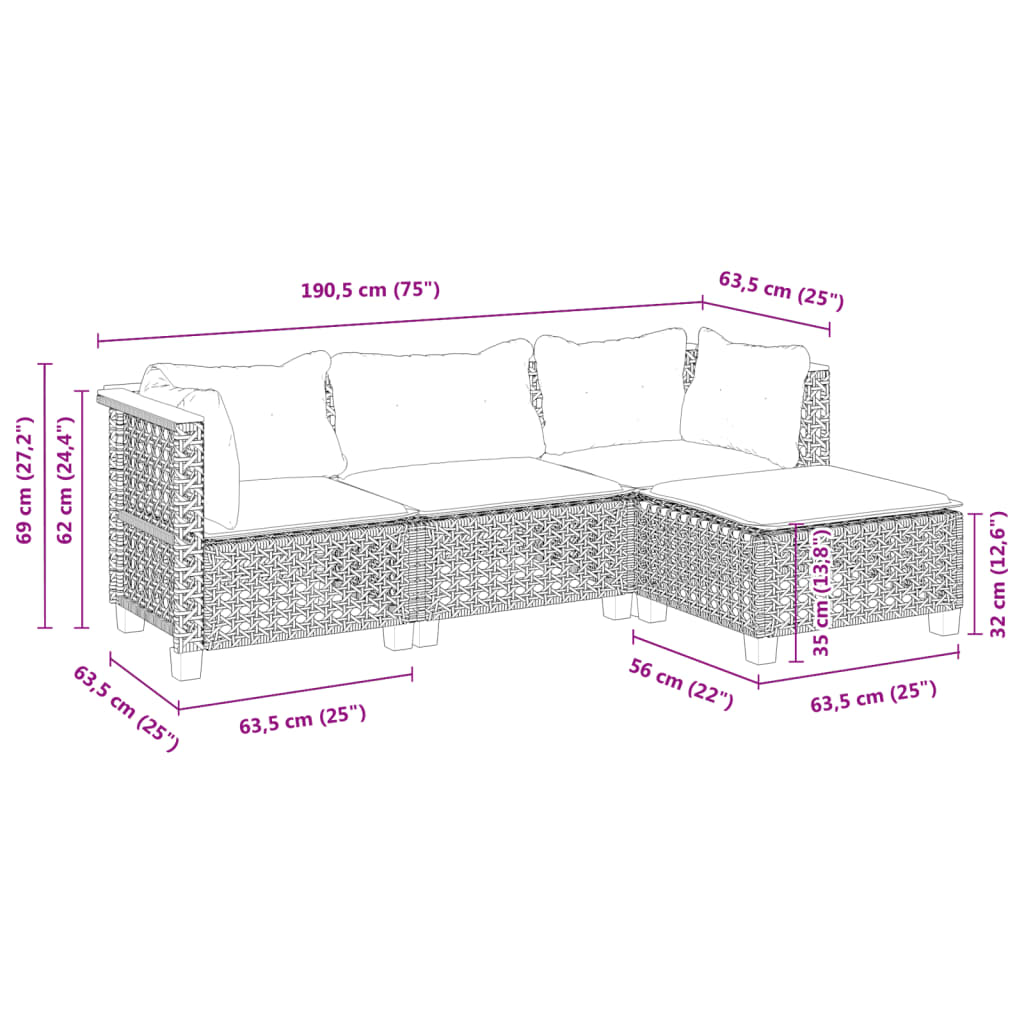 vidaXL Set de sofás de jardín 4 pzas y cojines ratán sintético gris