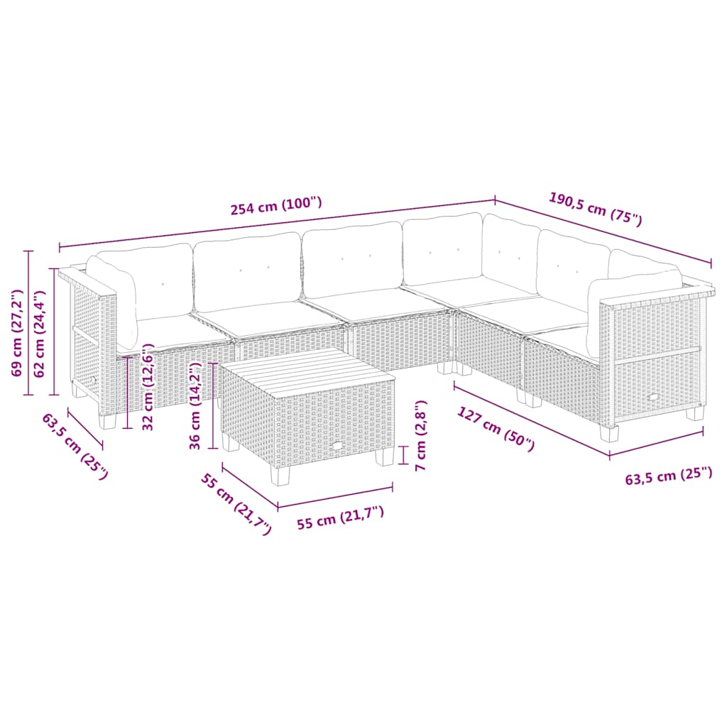 vidaXL Set sofás de jardín 7 piezas y cojines ratán sintético beige