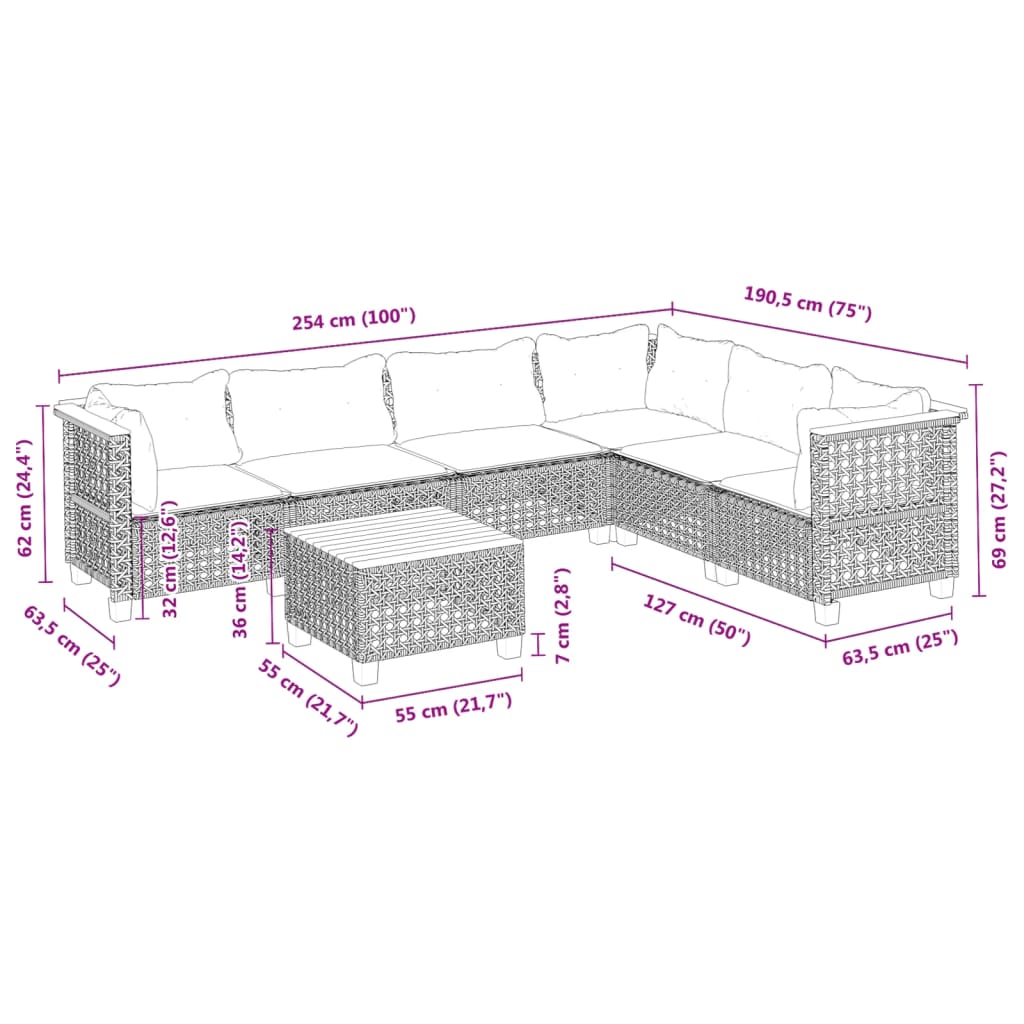 vidaXL Set de sofás de jardín 7 pzas con cojines ratán sintético gris