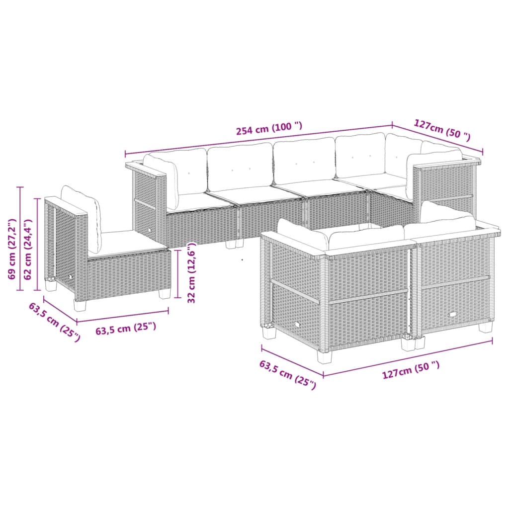 vidaXL Set de sofás de jardín y cojines 8 piezas ratán sintético negro