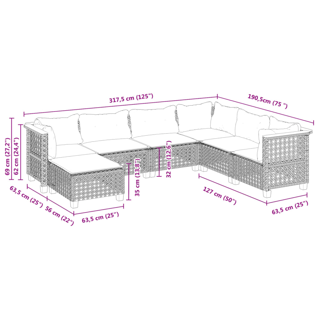 vidaXL Set de sofás de jardín 7 pzas con cojines ratán sintético gris