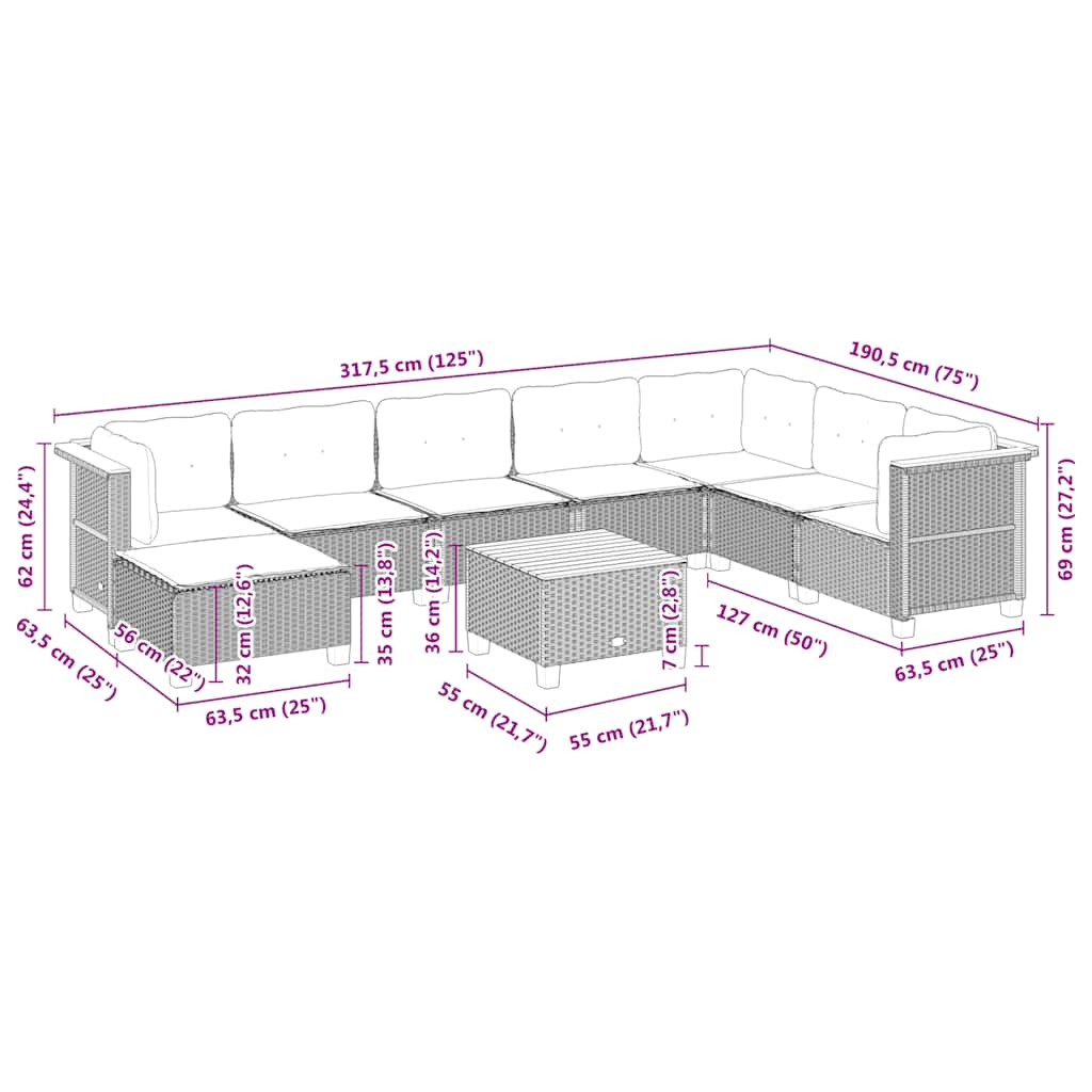 vidaXL Set de sofás de jardín con cojines 9 pzas ratán sintético beige