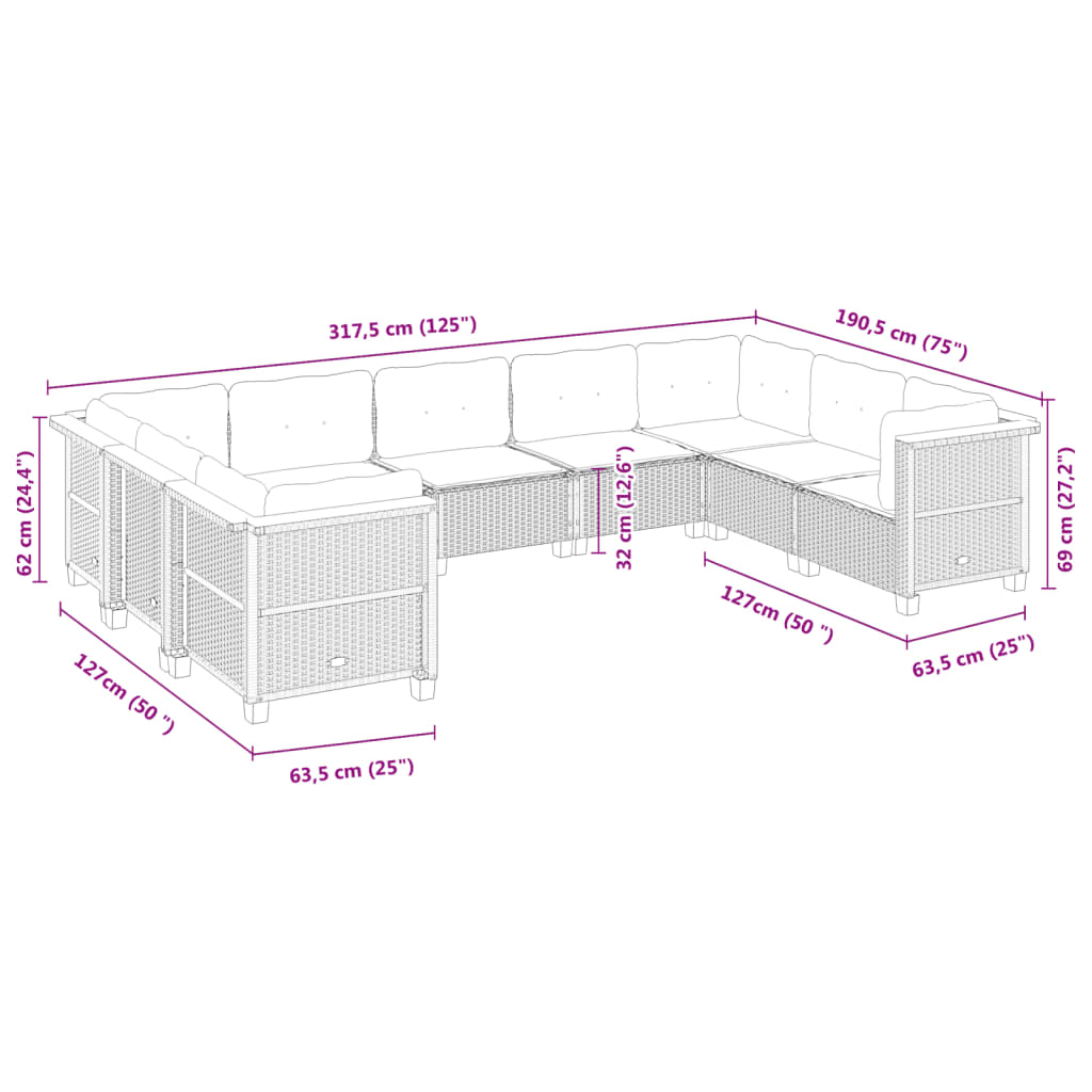 vidaXL Set de sofás de jardín con cojines 9 pzas ratán sintético beige