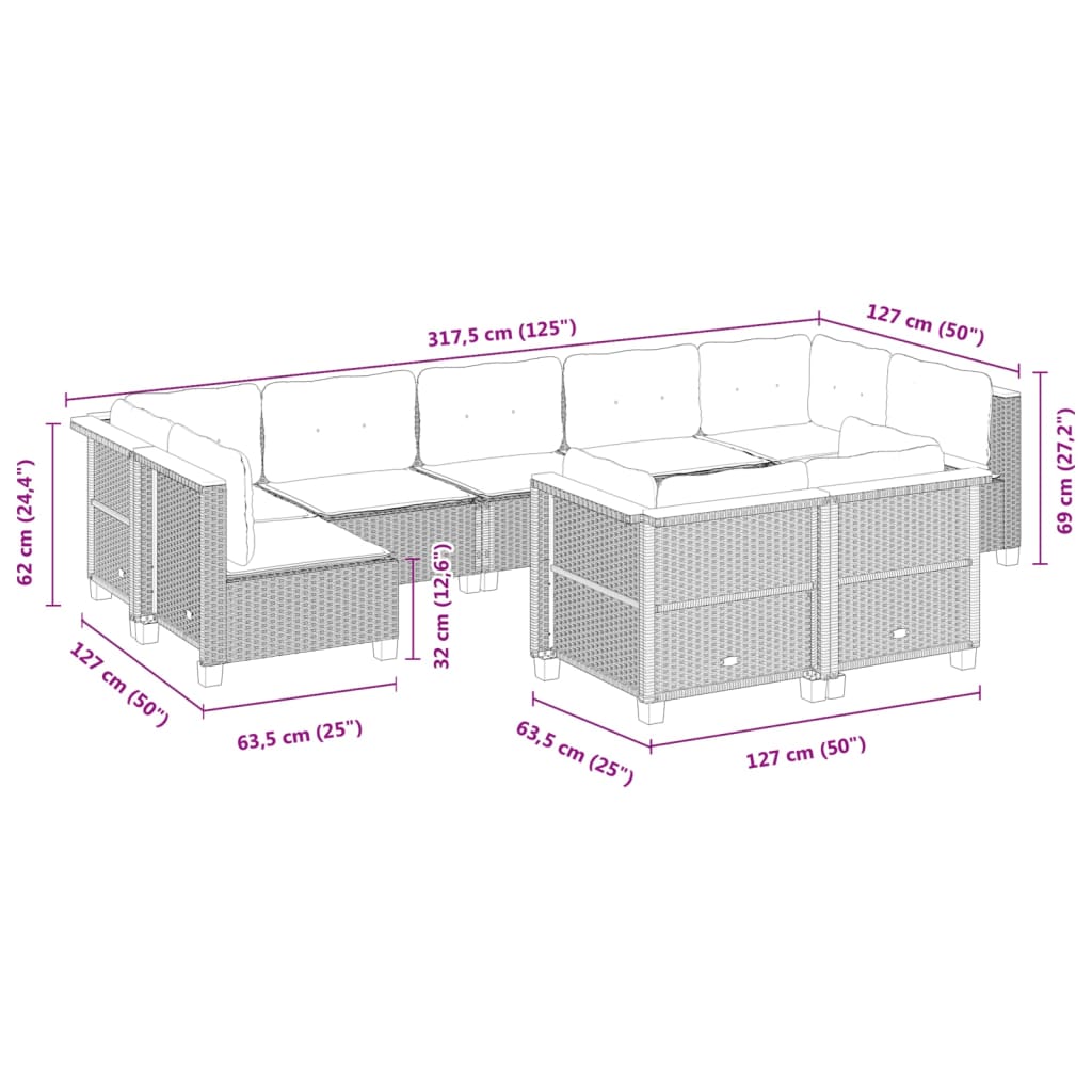 vidaXL Set de sofás de jardín con cojines 9 pzas ratán sintético beige