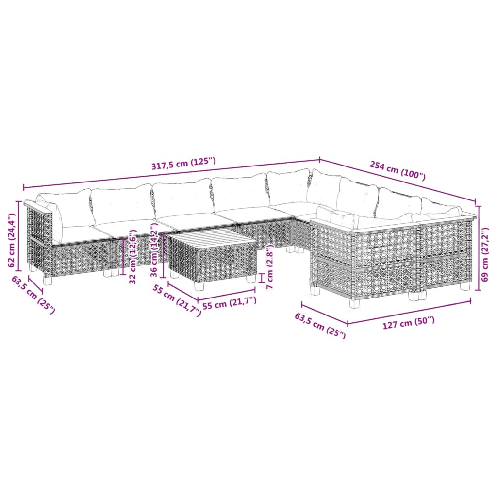 vidaXL Set de sofás de jardín 10 pzas con cojines ratán sintético gris