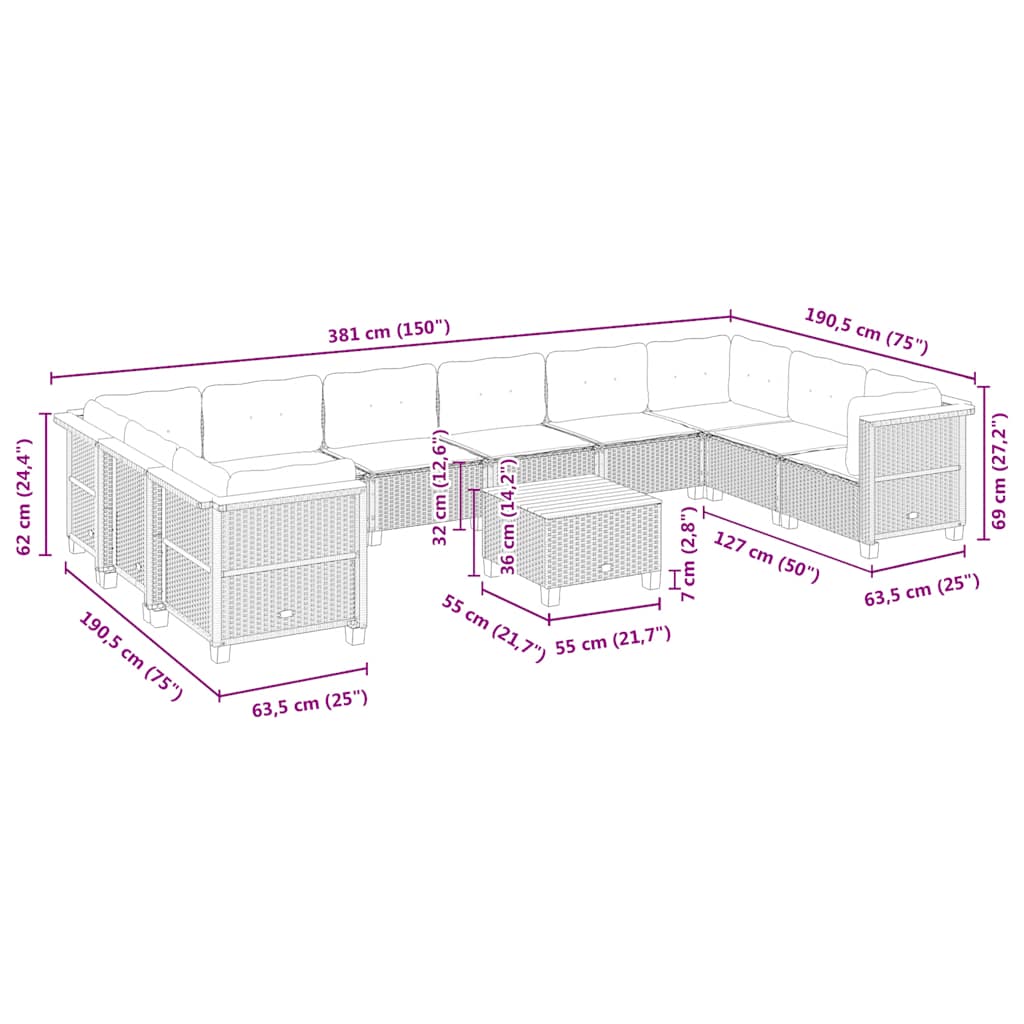 vidaXL Set de sofás de jardín 11pzas con cojines ratán sintético beige