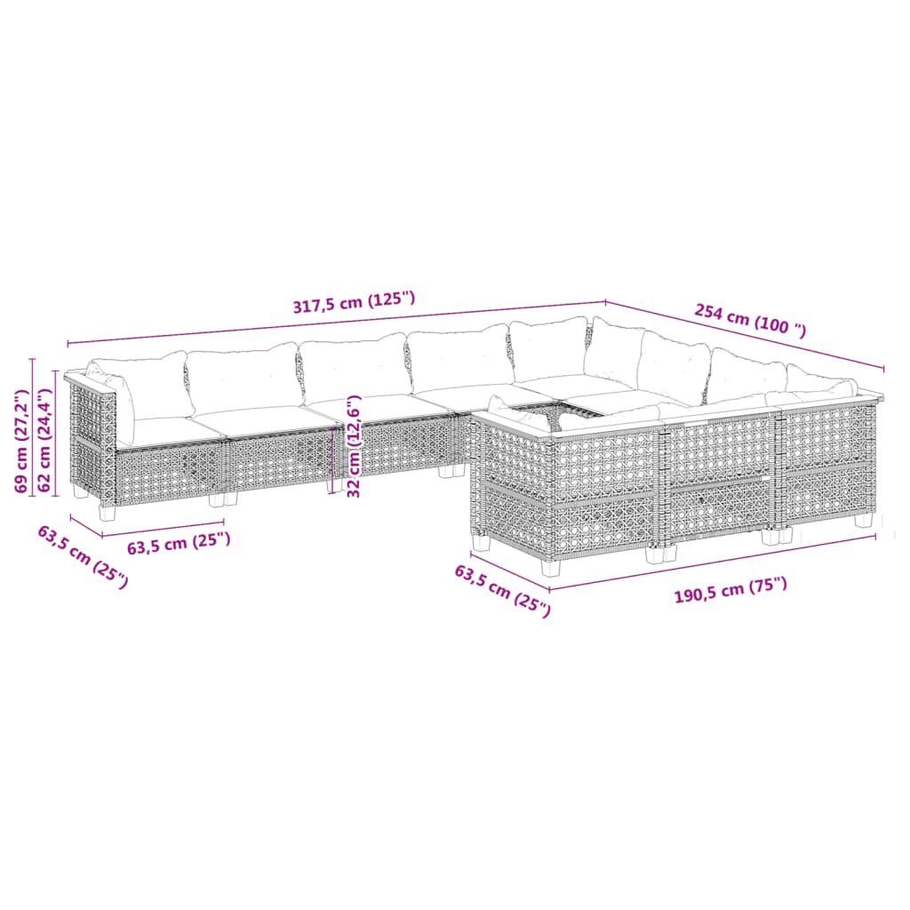 vidaXL Set de sofás de jardín 10 pzas con cojines ratán sintético gris