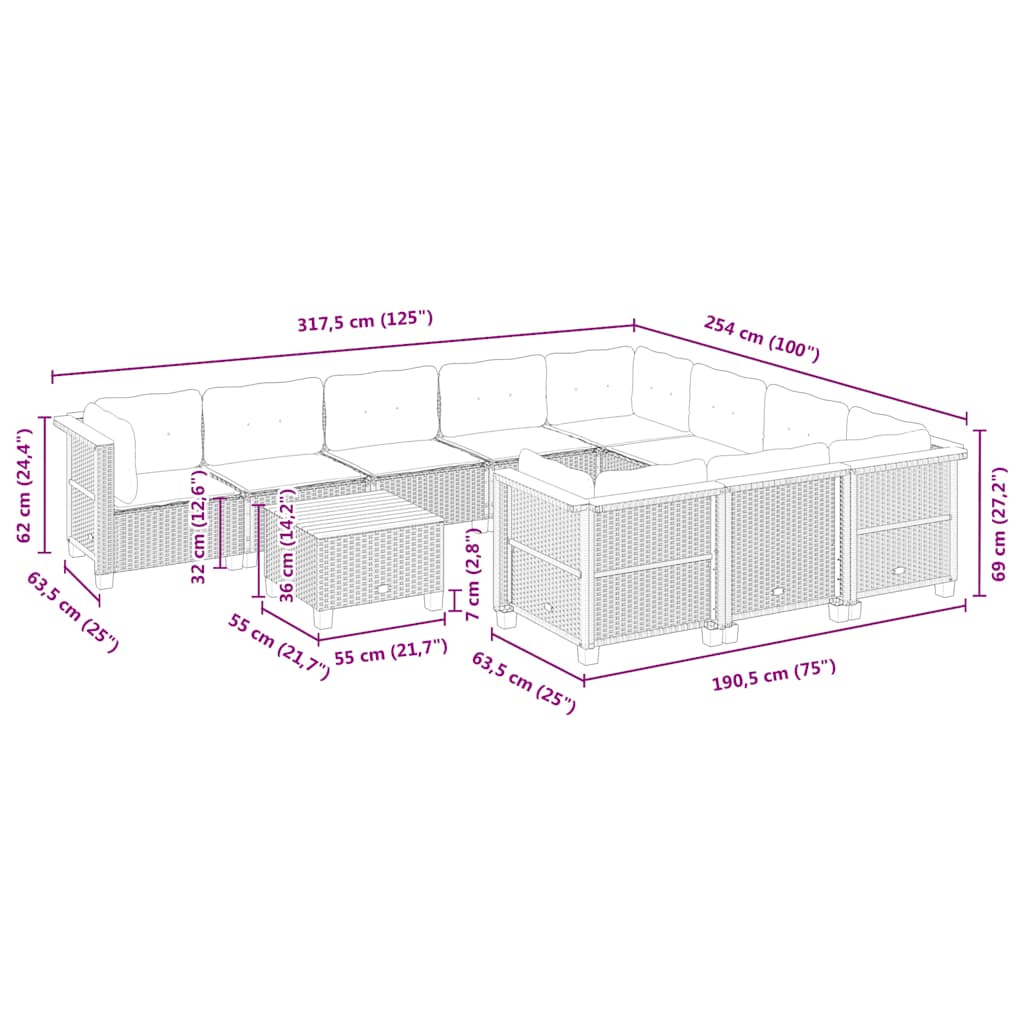 vidaXL Set de sofás de jardín 11pzas con cojines ratán sintético beige