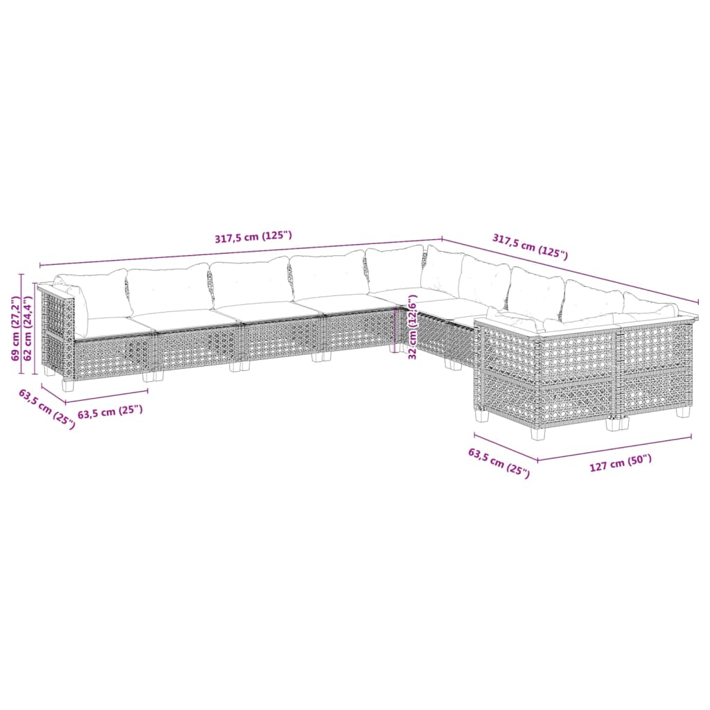 vidaXL Set de sofás de jardín 10 pzas con cojines ratán sintético gris