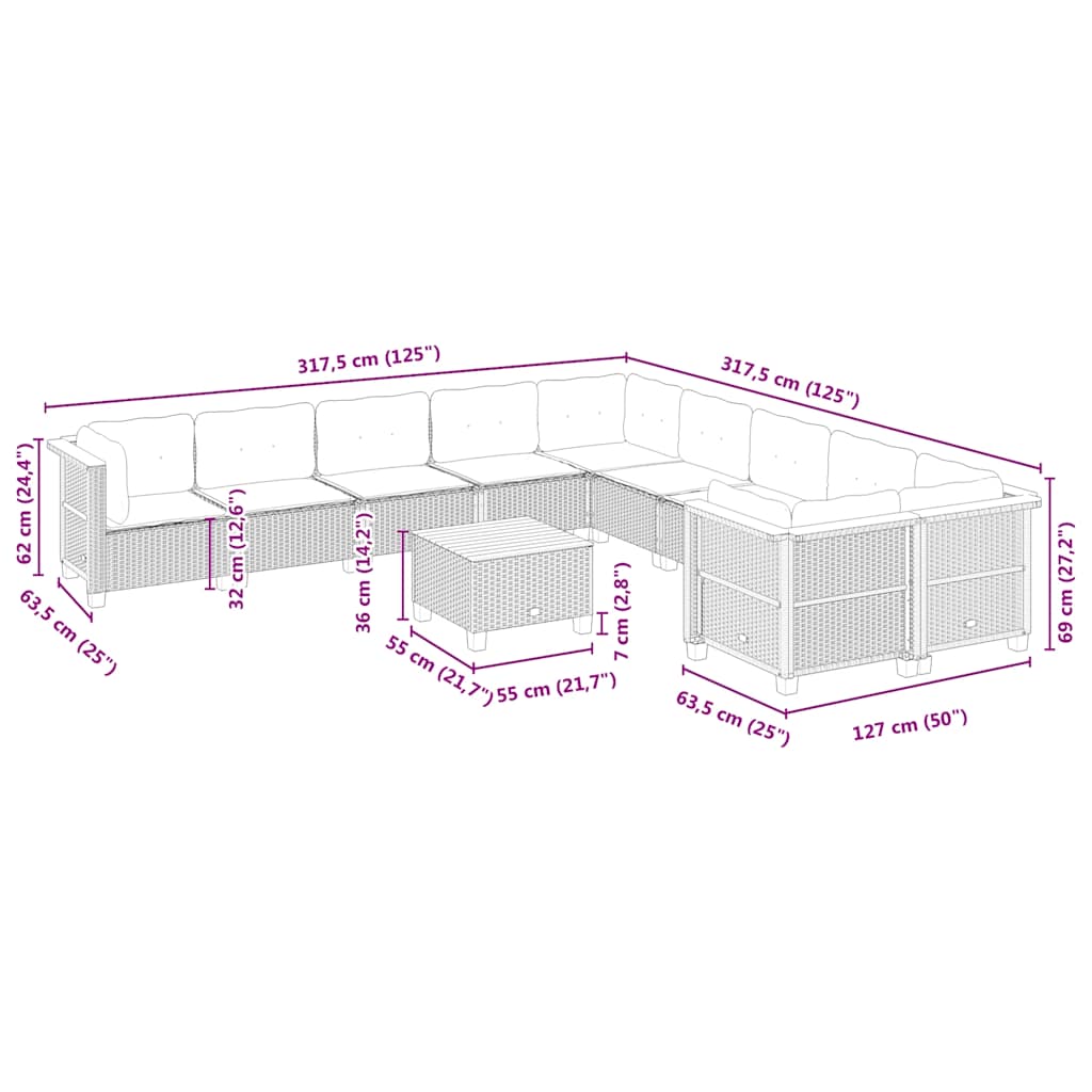 vidaXL Set de sofás de jardín 11pzas con cojines ratán sintético beige