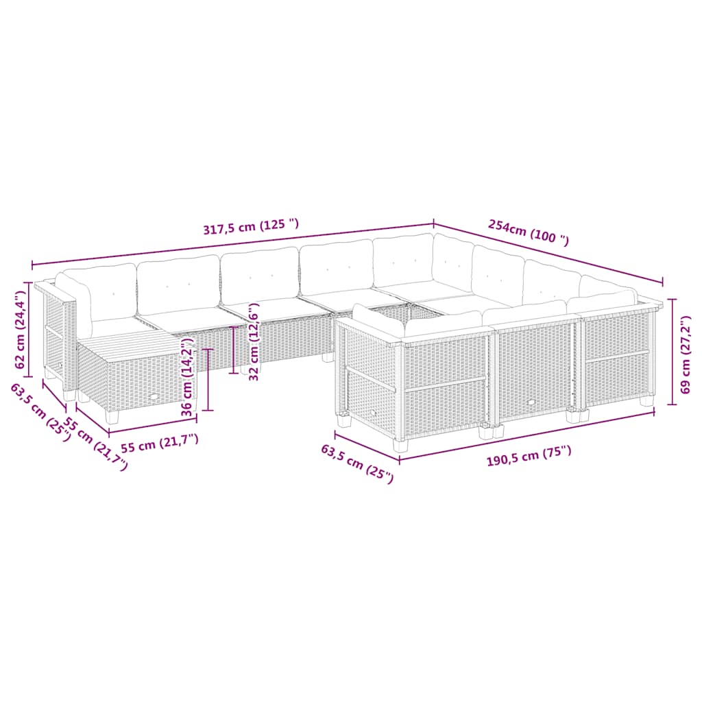 vidaXL Set de sofás de jardín 11pzas con cojines ratán sintético beige