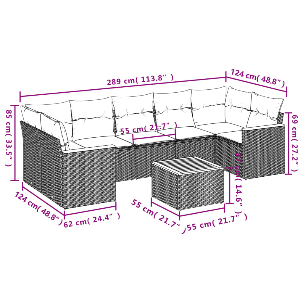 vidaXL Set de sofás de jardín 8 pzas y cojines ratán sintético gris