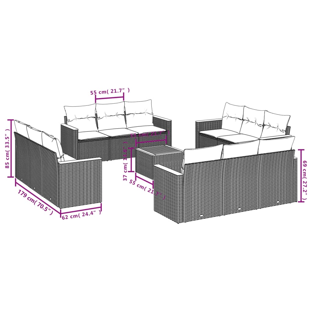 vidaXL Set de sofás de jardín y cojines 13 pzas ratán sintético negro