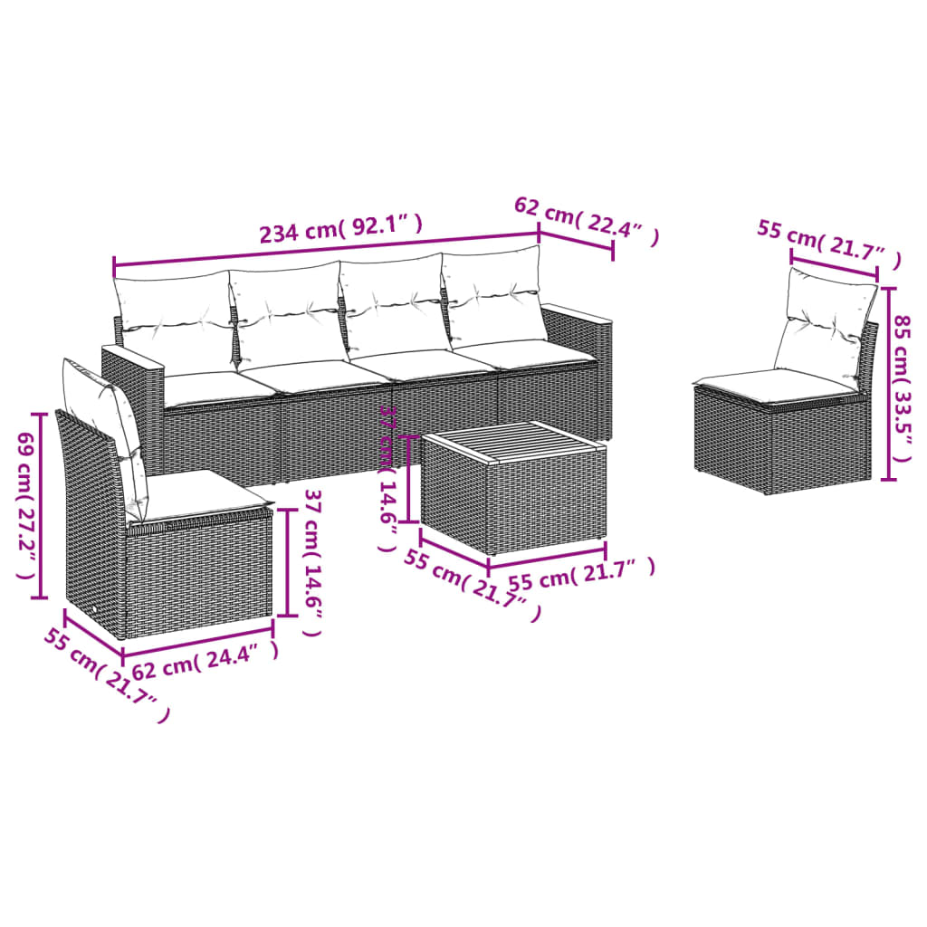 vidaXL Set de comedor de jardín 7 pzas y cojines ratán sintético negro