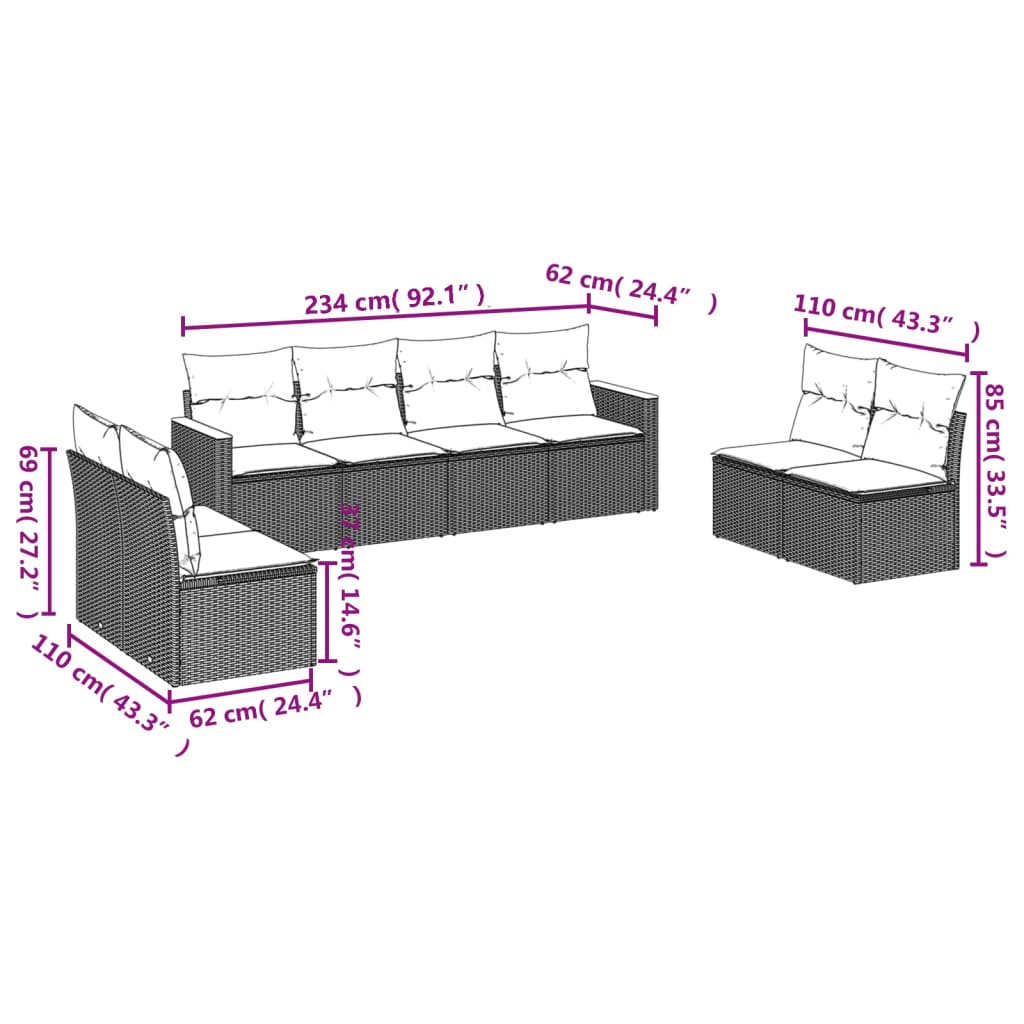 vidaXL Set de sofás de jardín 8 pzas y cojines ratán sintético gris