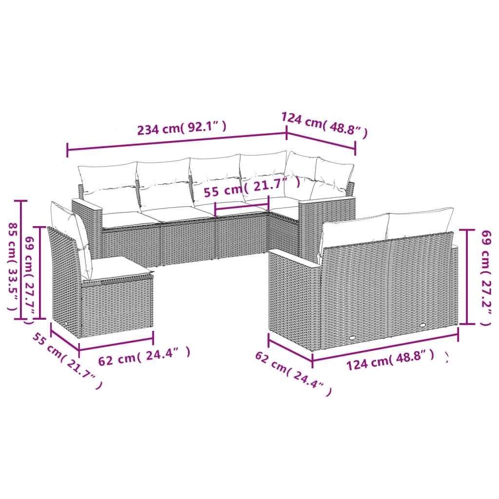 vidaXL Set de sofás de jardín 8 pzas y cojines ratán sintético gris