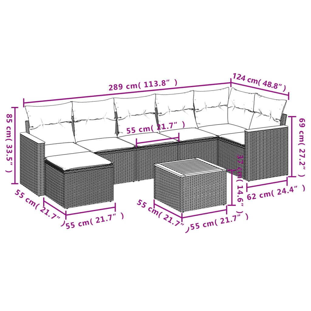 vidaXL Set de sofás de jardín 8 pzas y cojines ratán sintético gris