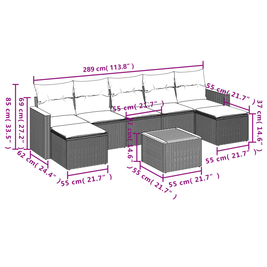 vidaXL Set de sofás de jardín 8 pzas y cojines ratán sintético gris