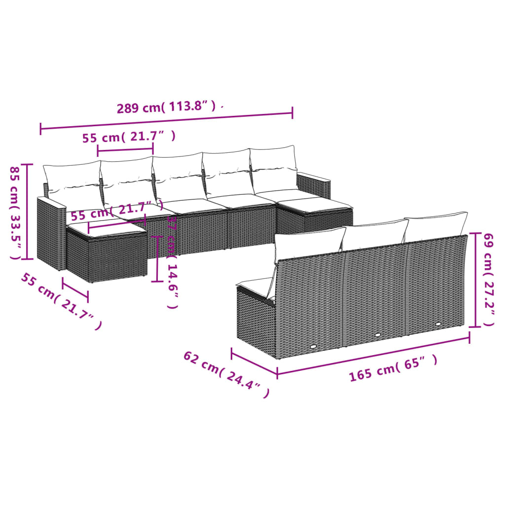 vidaXL Set de sofás de jardín 10 pzas cojines ratán sintético negro