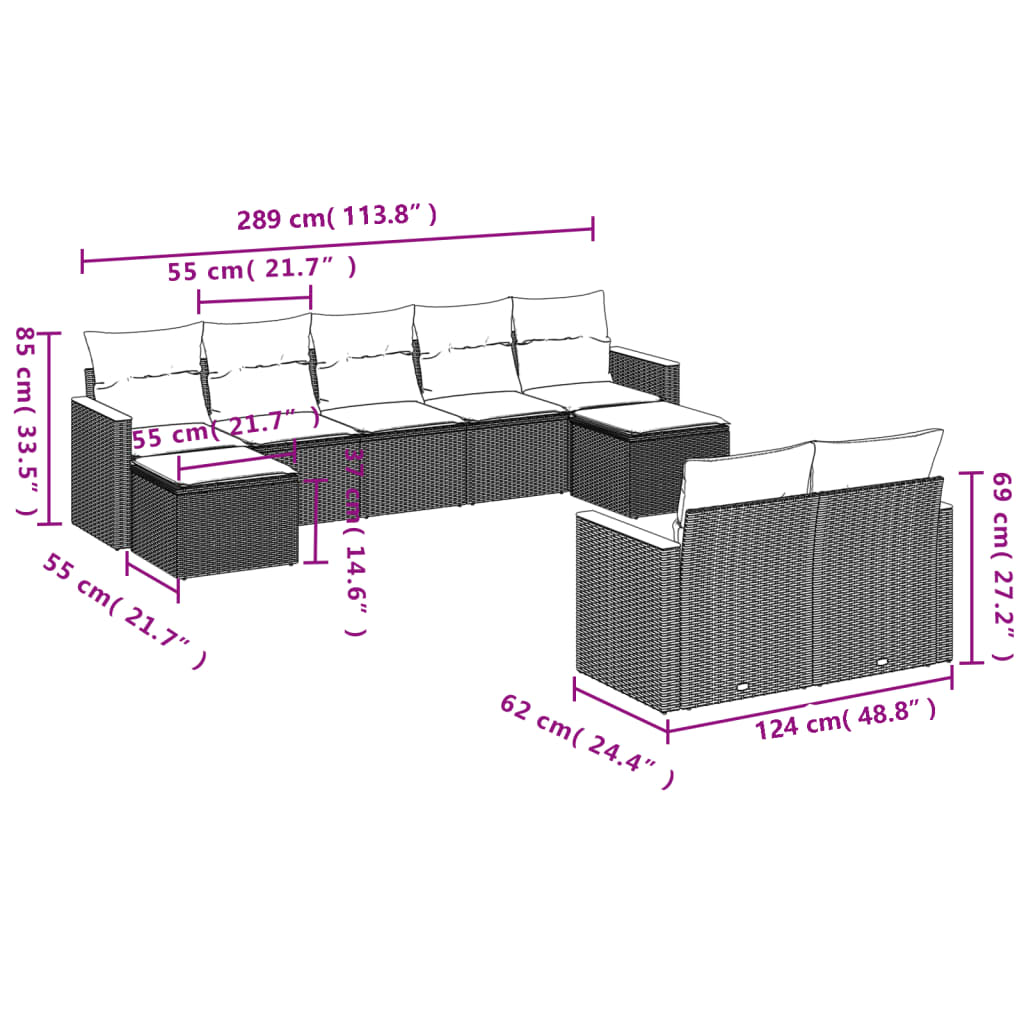 vidaXL Set de sofás de jardín 9 pzas con cojines ratán sintético beige