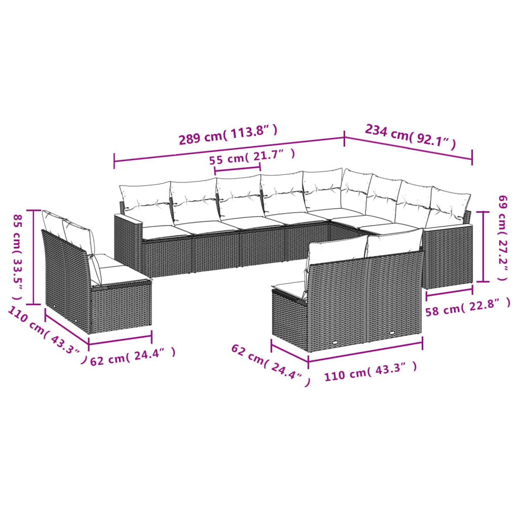 vidaXL Set de sofás de jardín 12 piezas cojines ratán sintético negro